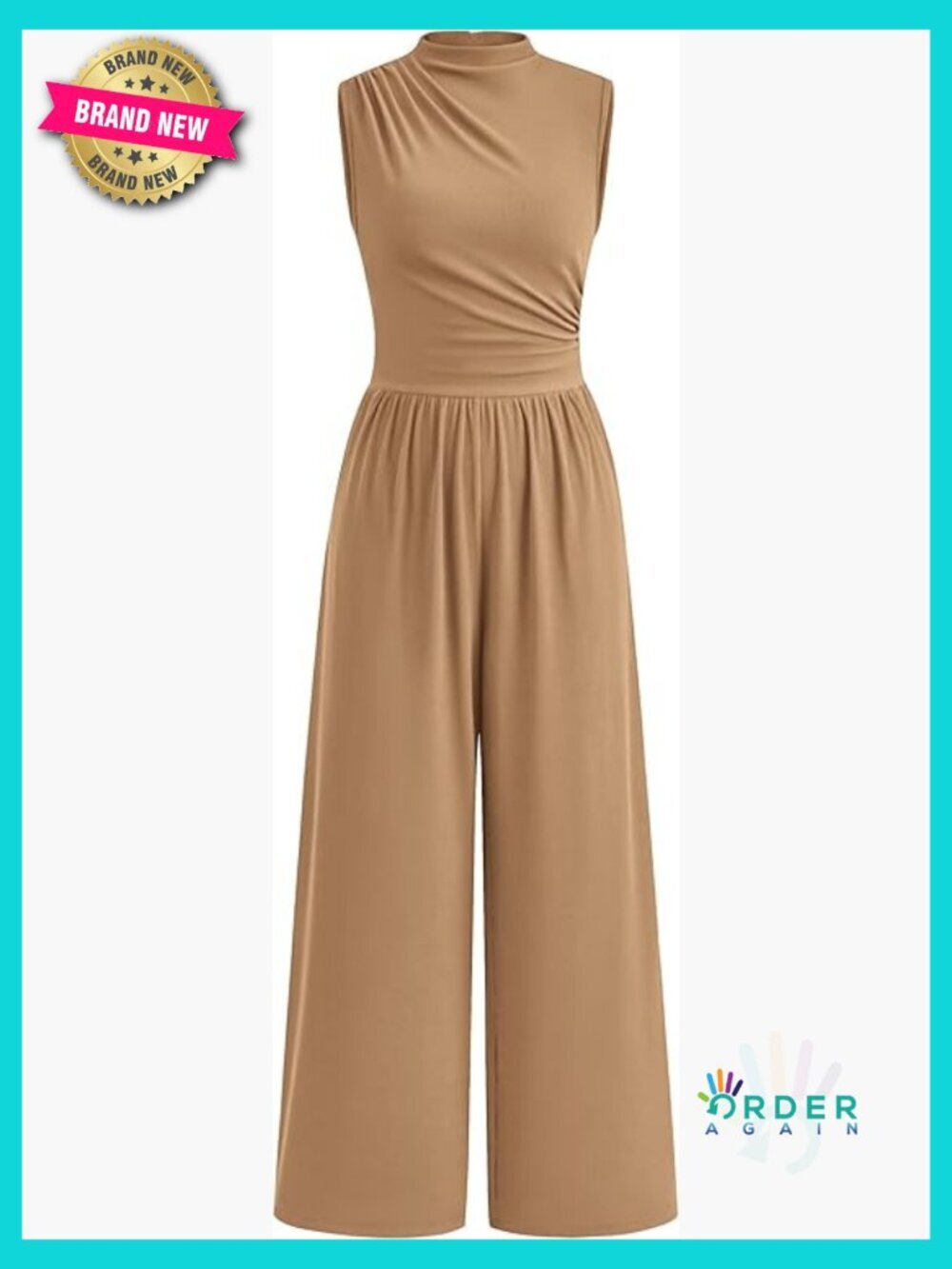 Sleeveless Mock Neck Wide Leg Jumpsuit with Pockets Elegant Casual Chic